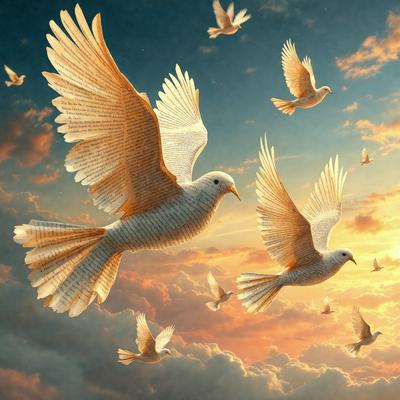 The primary subject of the image is a white bird with open wings, flying through the sky. The bird is surrounded by a flock of birds, creating a sense of movement and freedom. The setting is a cloudy sky, which adds to the overall atmosphere of the scene. The visual style of the image is a combination of photo and digital art, creating a realistic yet artistic representation of the bird and its surroundings. The colors in the image are predominantly white and gray, with the white bird standing out against the cloud
